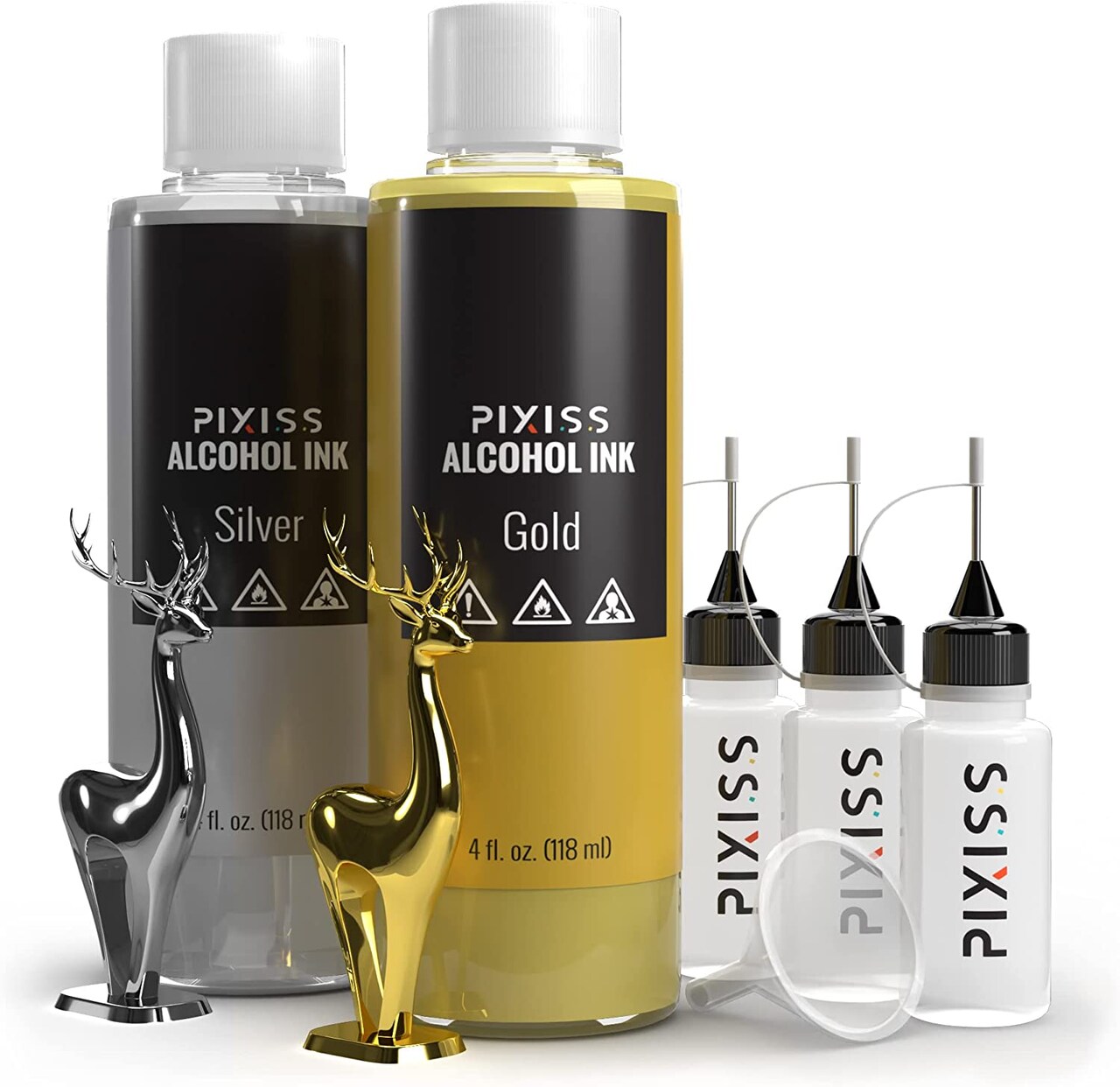 Pixiss Silver and Gold Metallic Alcohol Ink for Resin, 3 Pixiss Applicator Bottles